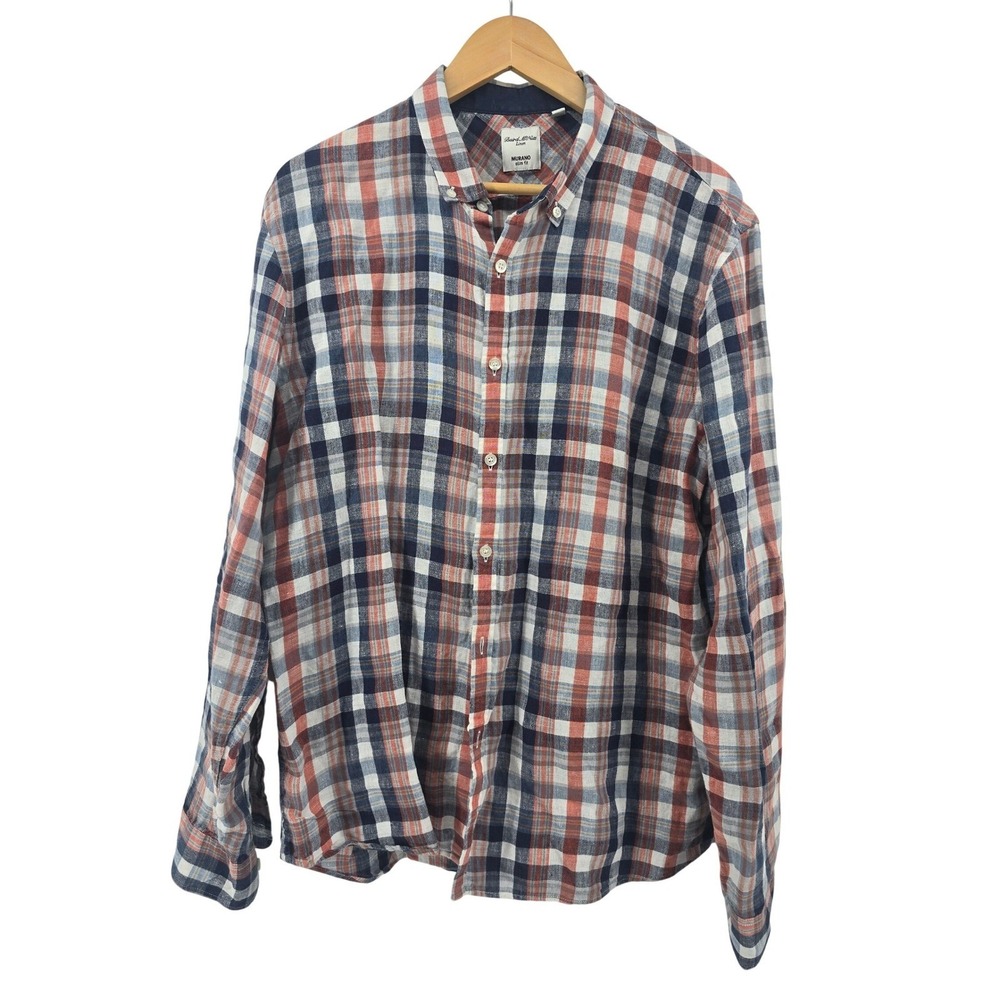 Murano Shirt Mens XL Linen Slim Fit Blue Red Plaid Button Down EUC
